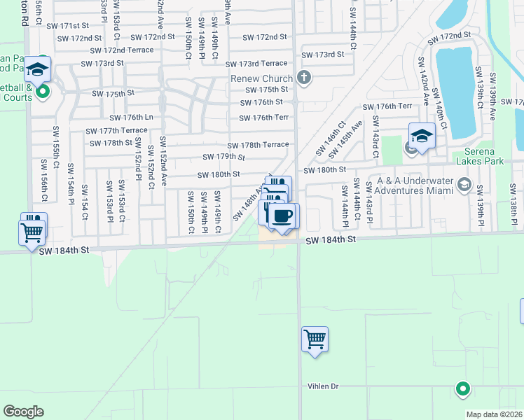 map of restaurants, bars, coffee shops, grocery stores, and more near 18125 SW 148th Ave Rd in Miami