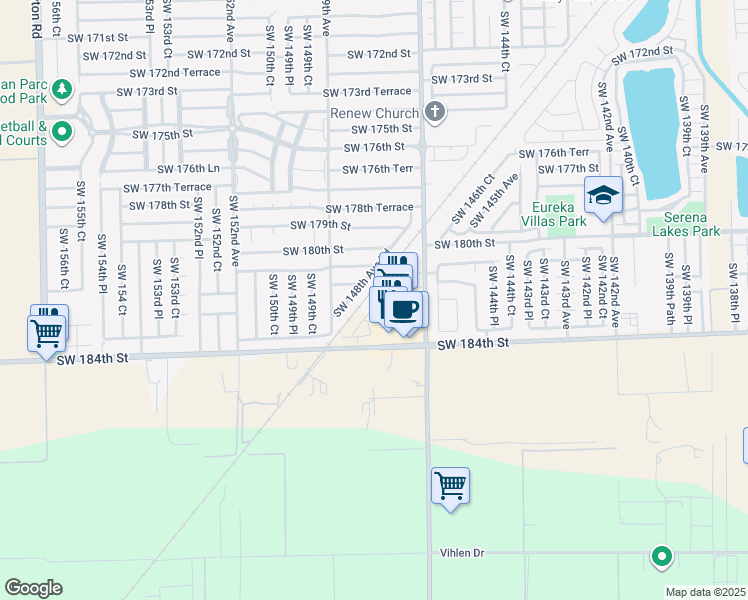 map of restaurants, bars, coffee shops, grocery stores, and more near 18125 SW 148th Ave Rd in Miami