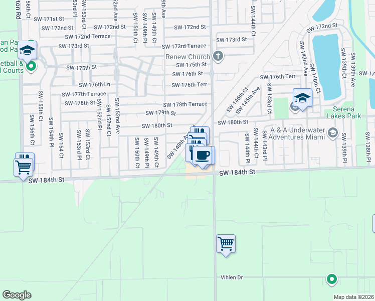 map of restaurants, bars, coffee shops, grocery stores, and more near 18125 SW 148th Ave Rd in Miami
