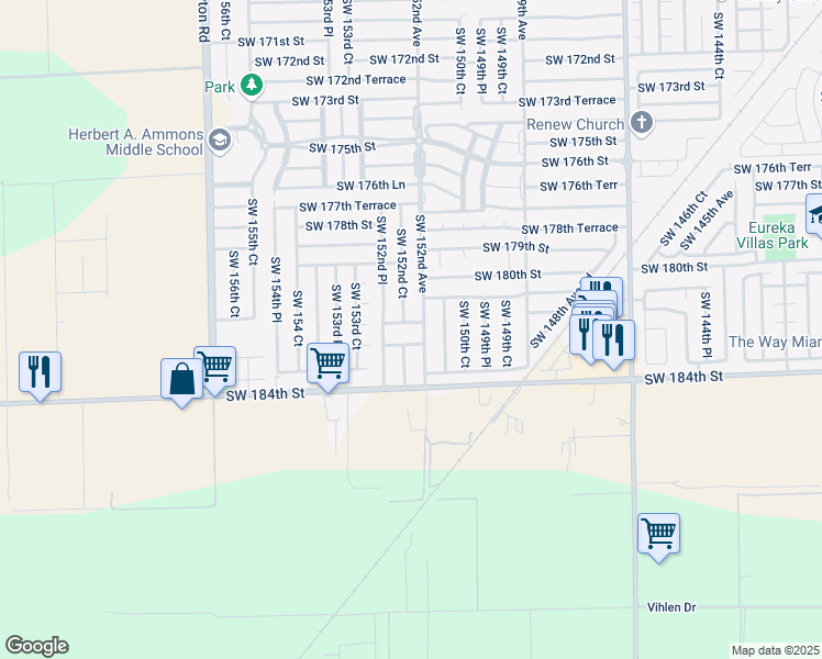 map of restaurants, bars, coffee shops, grocery stores, and more near 18203 Southwest 152nd Place in Miami