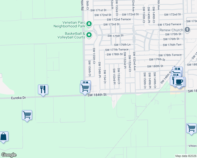 map of restaurants, bars, coffee shops, grocery stores, and more near 18205 Southwest 154th Place in Miami