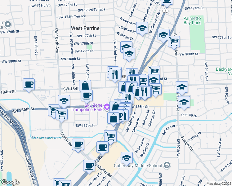 map of restaurants, bars, coffee shops, grocery stores, and more near 18411 Homestead Avenue in Miami