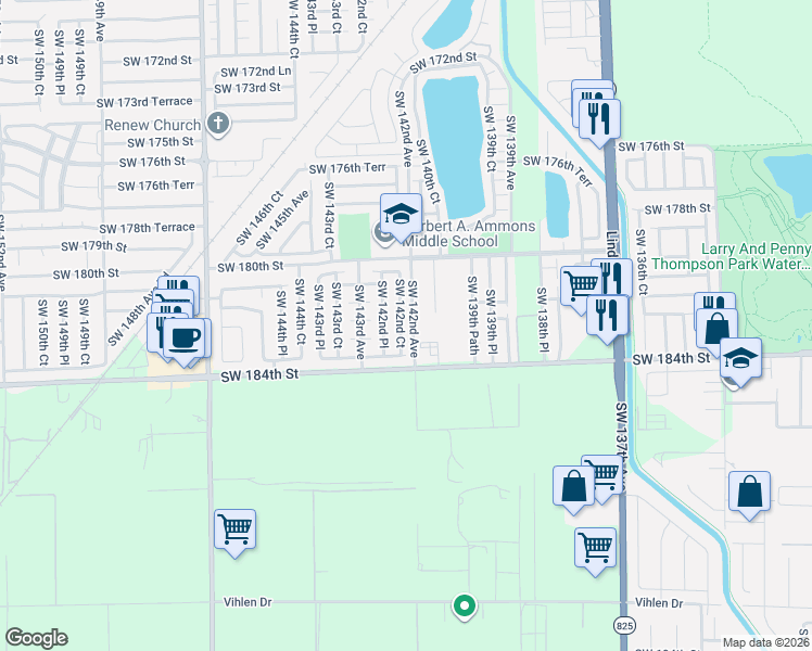 map of restaurants, bars, coffee shops, grocery stores, and more near 18261 Southwest 142nd Place in Miami