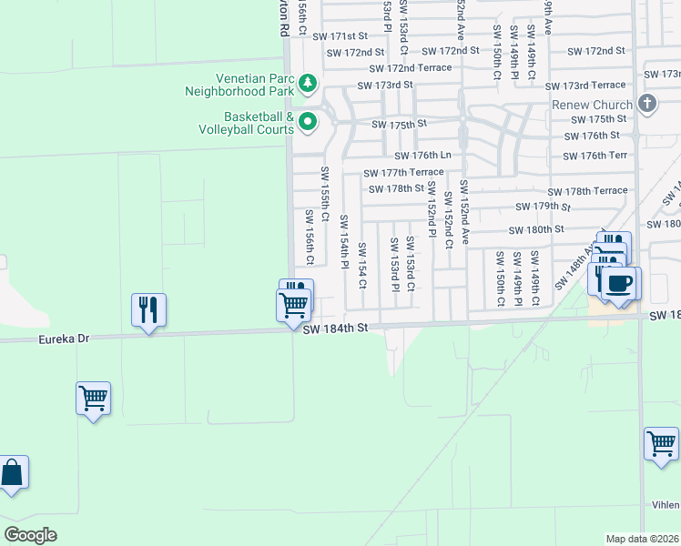 map of restaurants, bars, coffee shops, grocery stores, and more near 18205 Southwest 154th Place in Miami