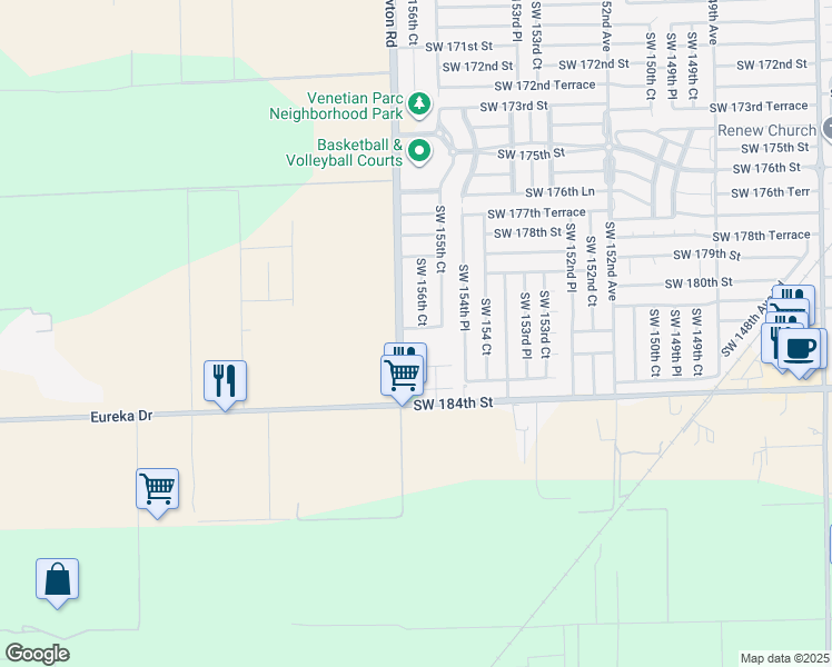map of restaurants, bars, coffee shops, grocery stores, and more near 18155 Southwest 157th Avenue in Miami