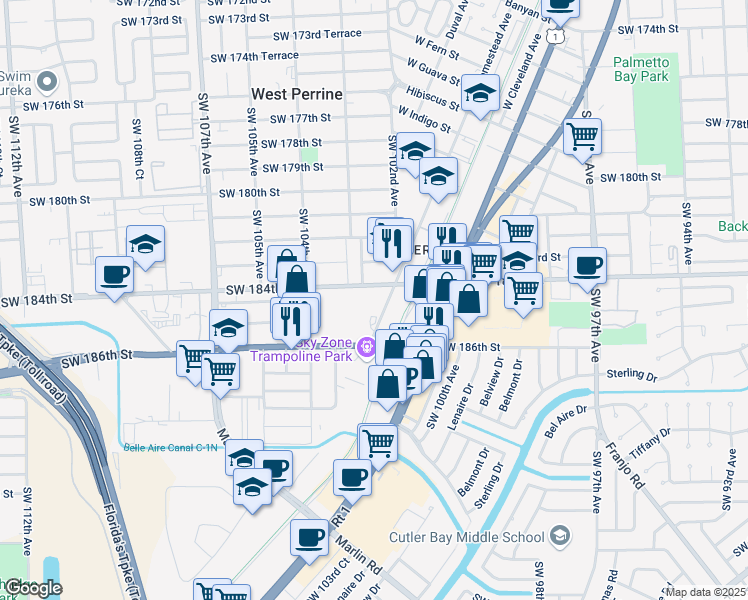 map of restaurants, bars, coffee shops, grocery stores, and more near 18422 Homestead Avenue in Miami