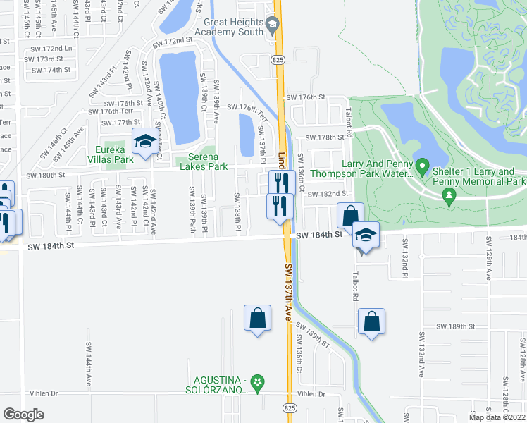 map of restaurants, bars, coffee shops, grocery stores, and more near 18300 Southwest 137th Avenue in Miami
