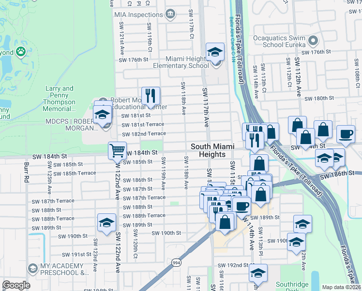 map of restaurants, bars, coffee shops, grocery stores, and more near 11824 Southwest 184th Street in Miami