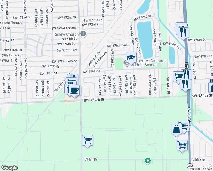 map of restaurants, bars, coffee shops, grocery stores, and more near 18264 Southwest 143rd Place in Miami