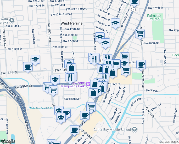 map of restaurants, bars, coffee shops, grocery stores, and more near 18422 Homestead Avenue in Miami