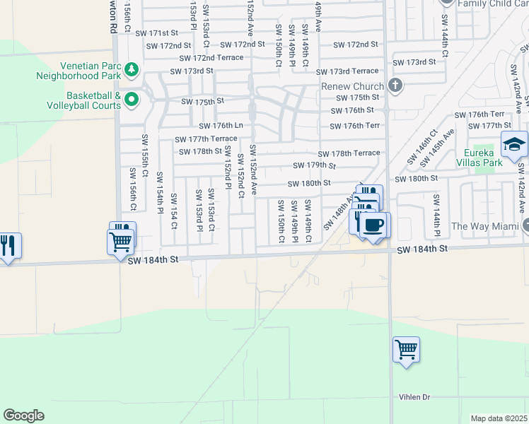 map of restaurants, bars, coffee shops, grocery stores, and more near 18169 Southwest 152nd Avenue in Miami