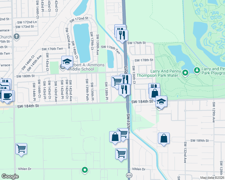map of restaurants, bars, coffee shops, grocery stores, and more near 18300 Southwest 137th Avenue in Miami