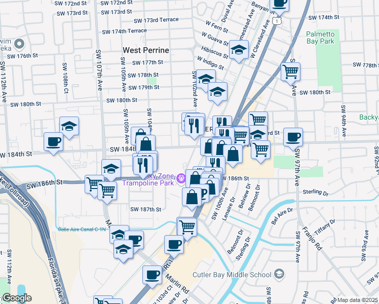 map of restaurants, bars, coffee shops, grocery stores, and more near 18422 Homestead Avenue in Miami