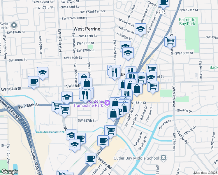 map of restaurants, bars, coffee shops, grocery stores, and more near 18422 Homestead Avenue in Miami