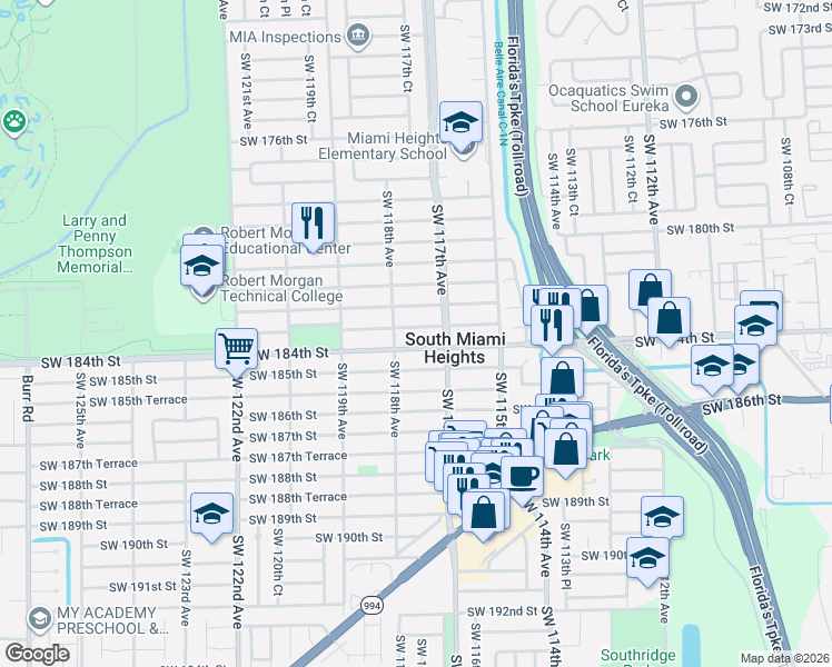 map of restaurants, bars, coffee shops, grocery stores, and more near 11730 Southwest 184th Street in Miami