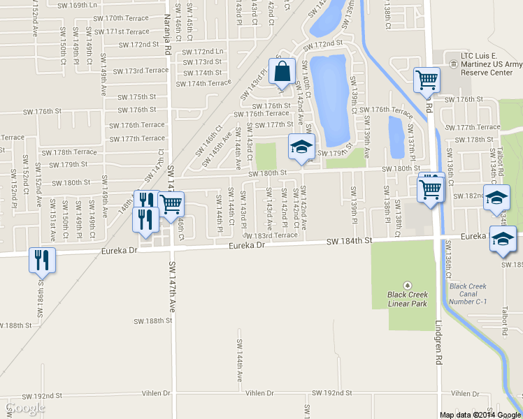 map of restaurants, bars, coffee shops, grocery stores, and more near 14309 Southwest 183rd Street in Miami