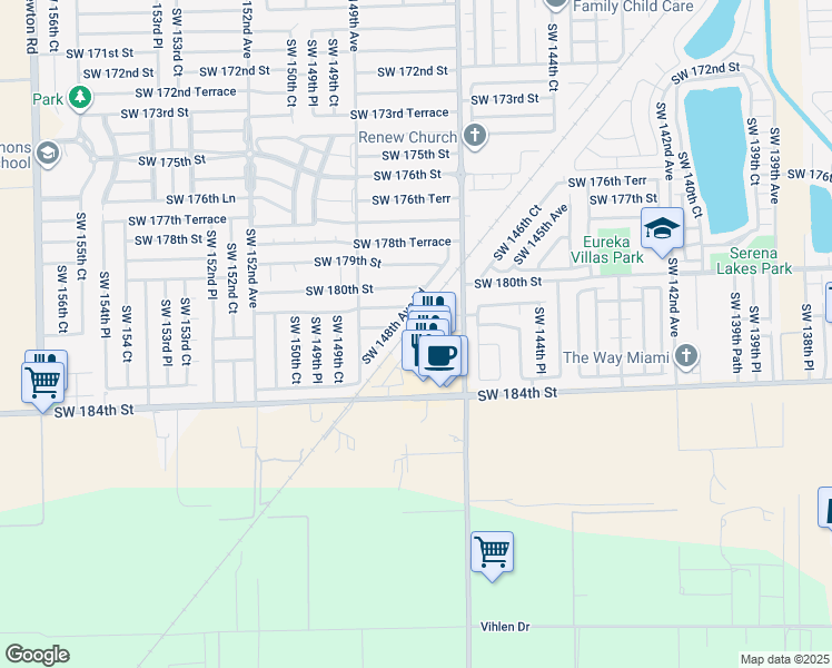 map of restaurants, bars, coffee shops, grocery stores, and more near 18125 SW 148th Ave Rd in Miami