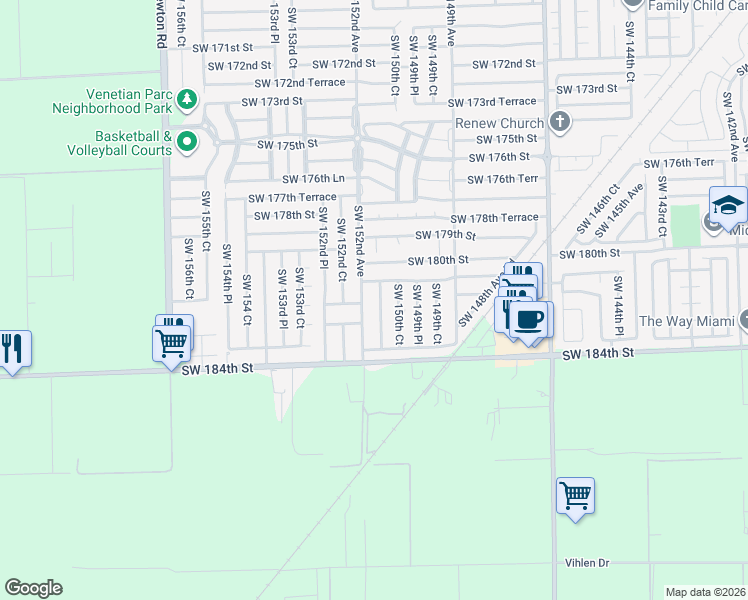 map of restaurants, bars, coffee shops, grocery stores, and more near 18169 Southwest 152nd Avenue in Miami