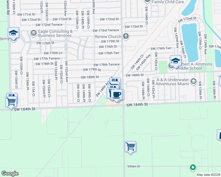 map of restaurants, bars, coffee shops, grocery stores, and more near 18125 SW 148th Ave Rd in Miami