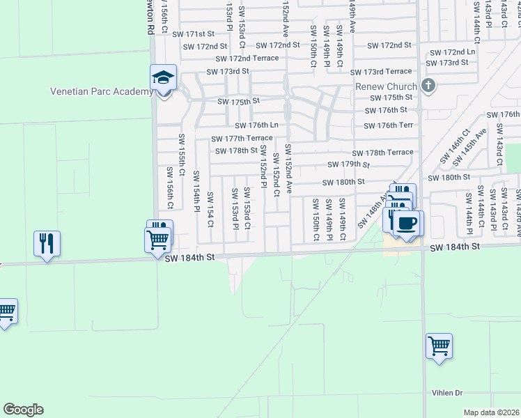 map of restaurants, bars, coffee shops, grocery stores, and more near 18124 Southwest 152nd Place in Miami