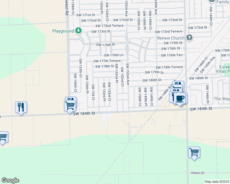 map of restaurants, bars, coffee shops, grocery stores, and more near 18203 Southwest 152nd Place in Miami