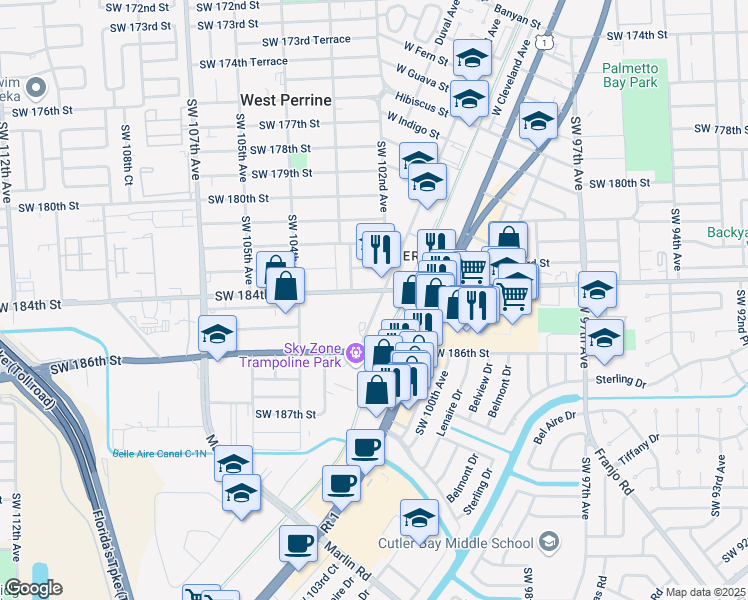 map of restaurants, bars, coffee shops, grocery stores, and more near 18412 Homestead Avenue in Miami