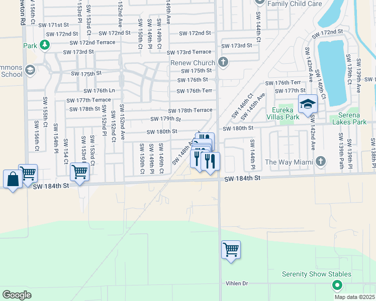 map of restaurants, bars, coffee shops, grocery stores, and more near 18125 Southwest 148th Avenue Road in Miami