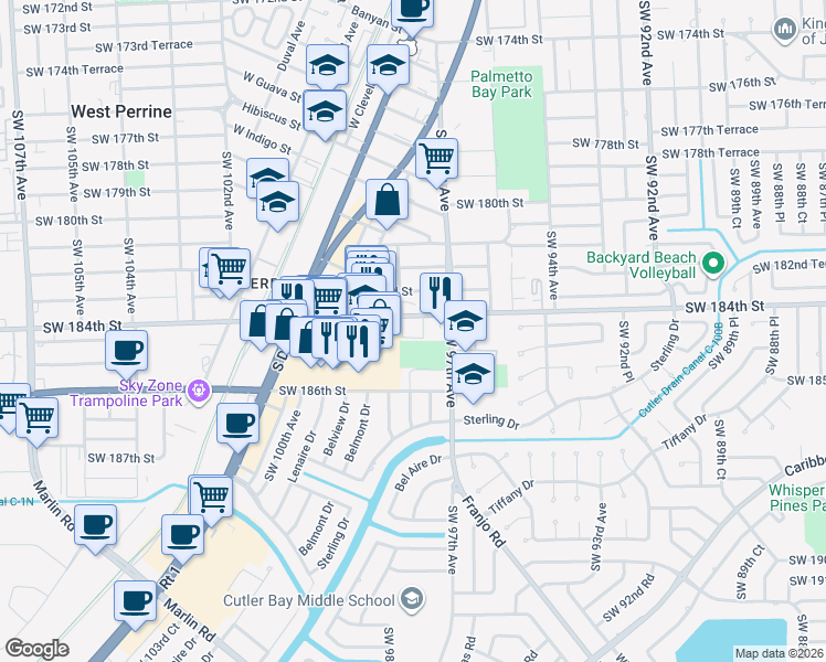 map of restaurants, bars, coffee shops, grocery stores, and more near 9760 Southwest 184th Street in Cutler Bay