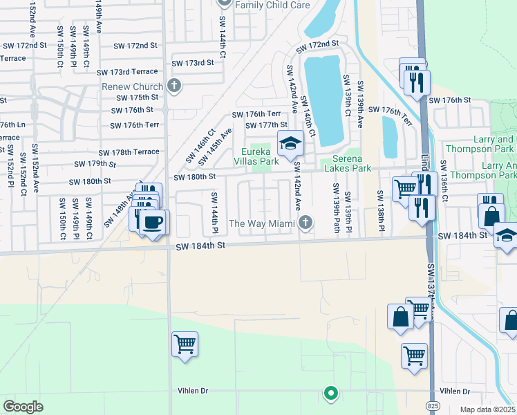 map of restaurants, bars, coffee shops, grocery stores, and more near 14313 Southwest 182nd Terrace in Miami
