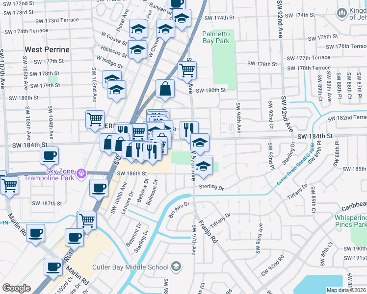 map of restaurants, bars, coffee shops, grocery stores, and more near 9720 Southwest 184th Street in Cutler Bay
