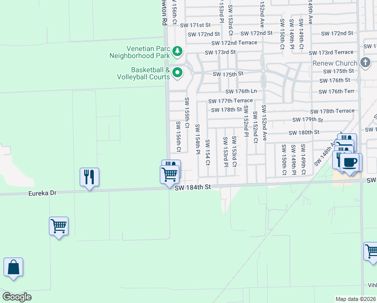 map of restaurants, bars, coffee shops, grocery stores, and more near 18155 Southwest 157th Avenue in Miami