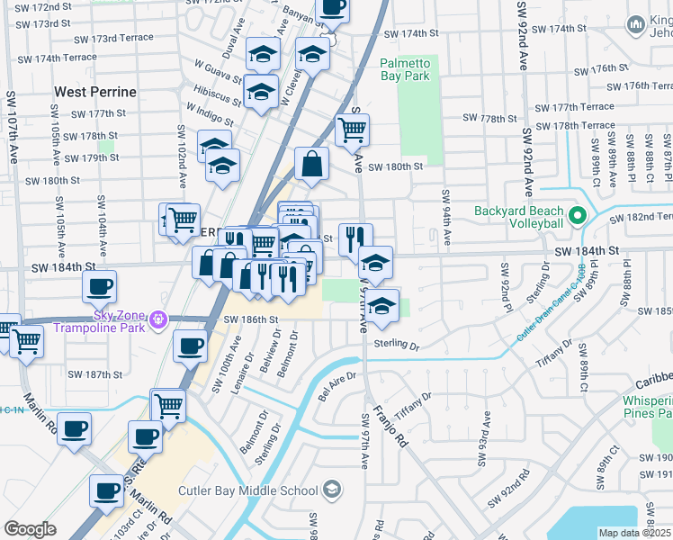 map of restaurants, bars, coffee shops, grocery stores, and more near 18500 Southwest 97th Avenue in Cutler Bay