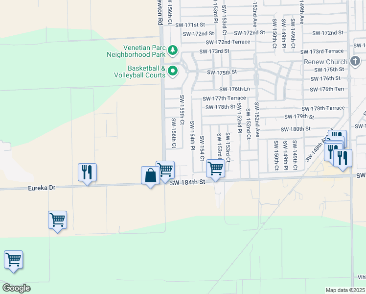 map of restaurants, bars, coffee shops, grocery stores, and more near 18155 Southwest 157th Avenue in Miami