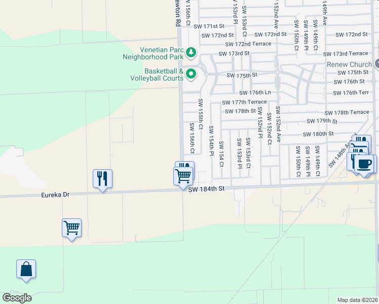 map of restaurants, bars, coffee shops, grocery stores, and more near 18122 Southwest 156th Court in Miami