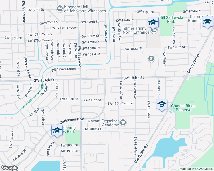 map of restaurants, bars, coffee shops, grocery stores, and more near 8380 Southwest 184th Street in Cutler Bay