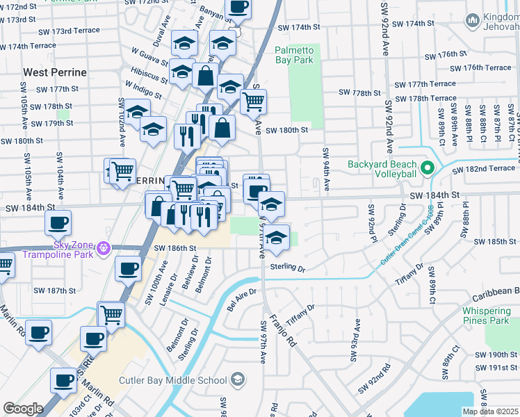 map of restaurants, bars, coffee shops, grocery stores, and more near 9745 Southwest 184th Street in Palmetto Bay