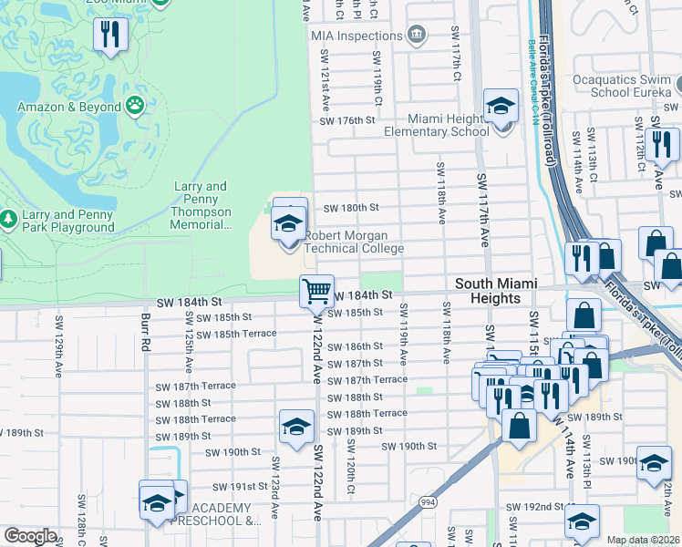 map of restaurants, bars, coffee shops, grocery stores, and more near 12045 Southwest 182nd Terrace in Miami