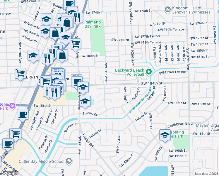 map of restaurants, bars, coffee shops, grocery stores, and more near 9340 Southwest 183rd Terrace in Palmetto Bay