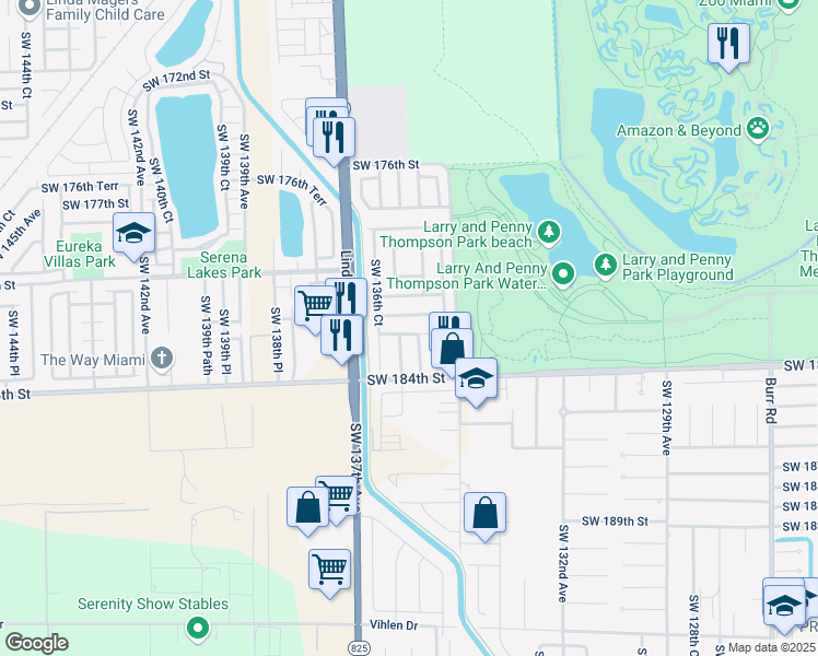 map of restaurants, bars, coffee shops, grocery stores, and more near 13611 Southwest 182nd Street in Miami
