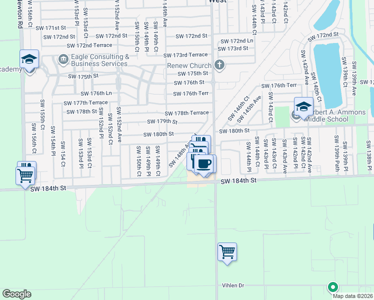 map of restaurants, bars, coffee shops, grocery stores, and more near 18041 Southwest 148th Avenue Road in Miami