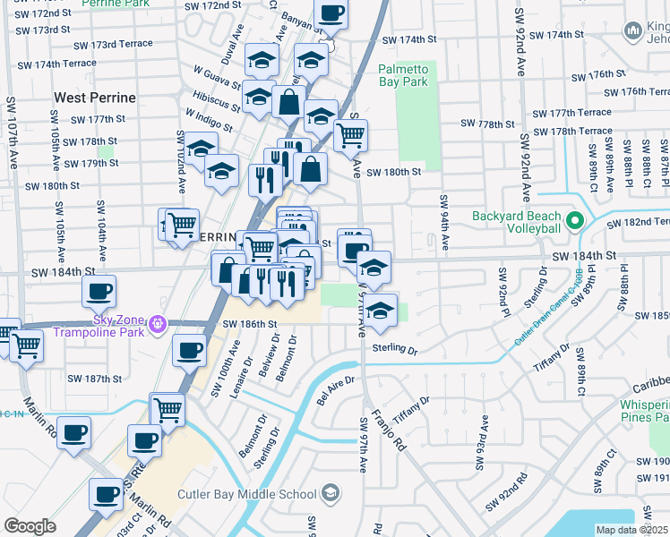 map of restaurants, bars, coffee shops, grocery stores, and more near 9745 Southwest 184th Street in Palmetto Bay