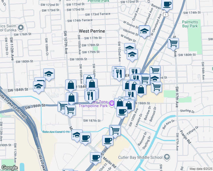 map of restaurants, bars, coffee shops, grocery stores, and more near 10320 Southwest 183rd Street in Miami