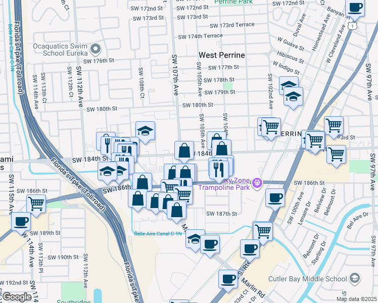 map of restaurants, bars, coffee shops, grocery stores, and more near 10620 Southwest 183rd Street in Miami
