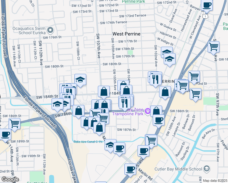 map of restaurants, bars, coffee shops, grocery stores, and more near 10460 Southwest 183rd Street in Miami