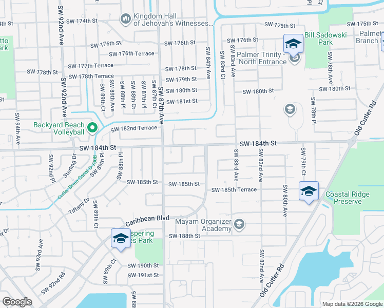 map of restaurants, bars, coffee shops, grocery stores, and more near 8445 Southwest 184th Lane in Cutler Bay