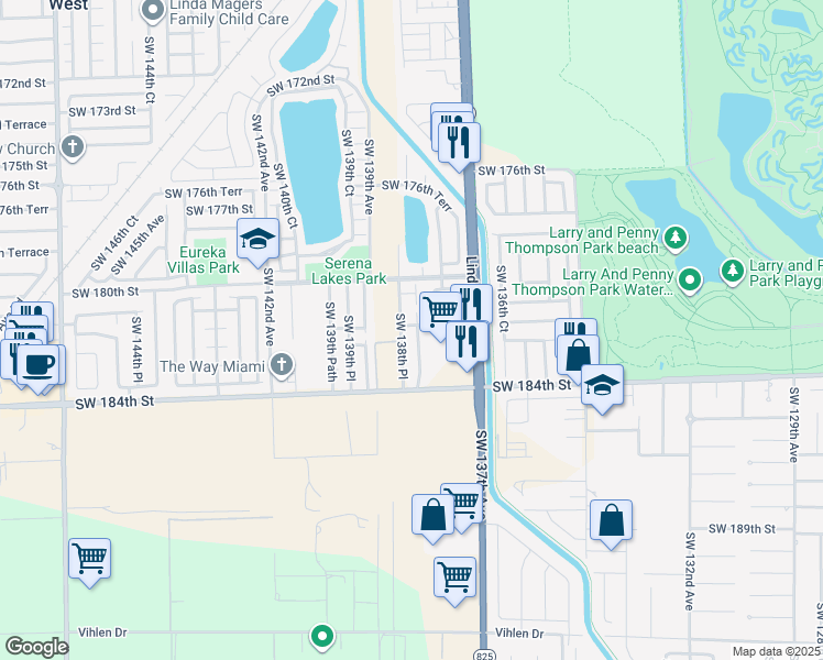 map of restaurants, bars, coffee shops, grocery stores, and more near 18150 Southwest 138th Court in Miami