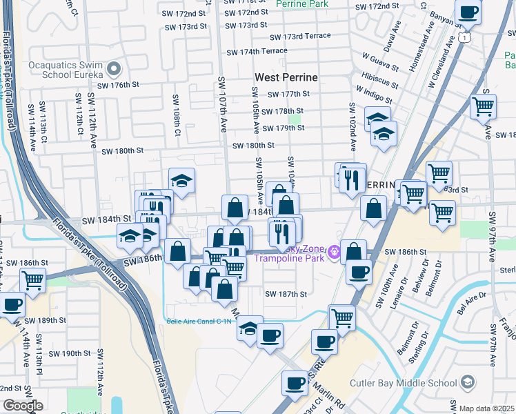 map of restaurants, bars, coffee shops, grocery stores, and more near 10460 Southwest 183rd Street in Miami