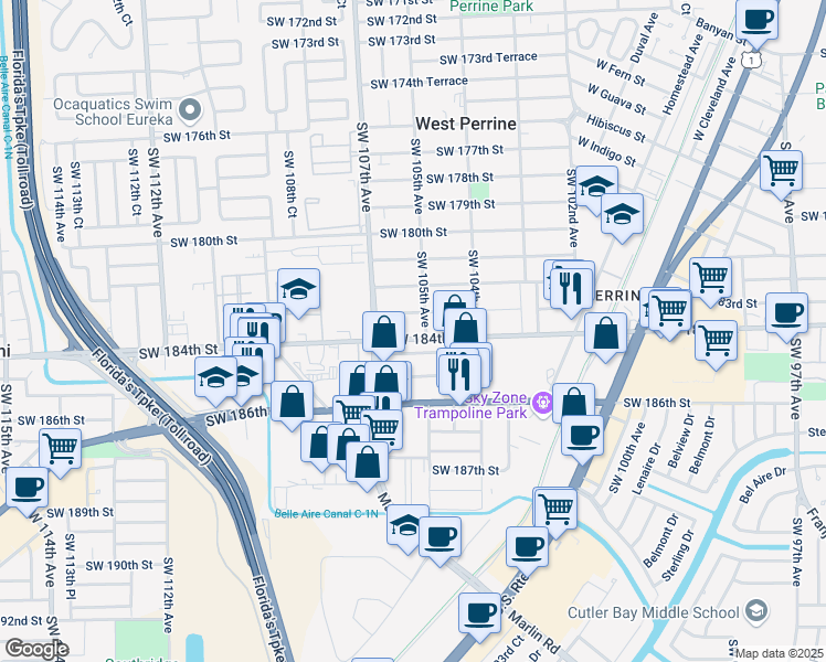 map of restaurants, bars, coffee shops, grocery stores, and more near 10460 Southwest 183rd Street in Miami