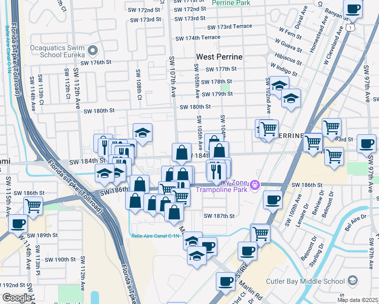 map of restaurants, bars, coffee shops, grocery stores, and more near 10620 Southwest 183rd Street in Miami