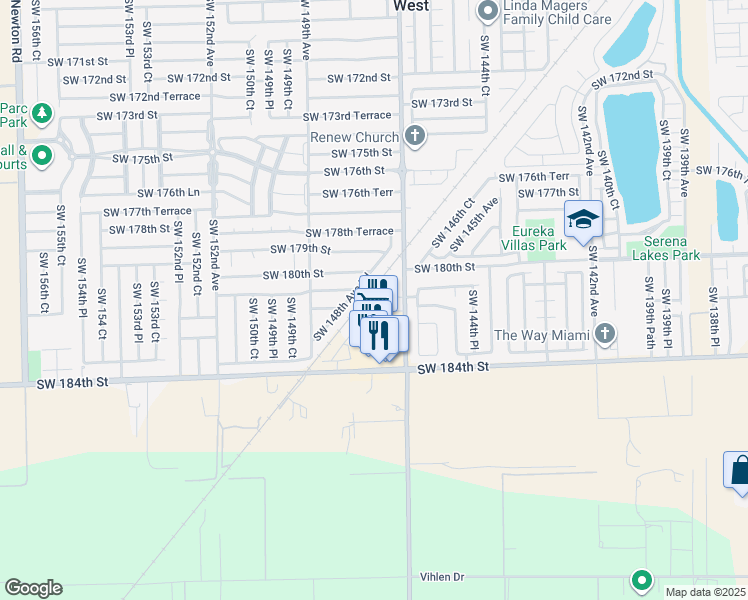 map of restaurants, bars, coffee shops, grocery stores, and more near 18041 Southwest 148th Avenue Road in Miami